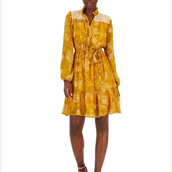 Tahari ASL Lace-Trim Tierred Split Neck Dress SZ 2 NWT Mustard Coquette Girl - Picture 11 of 11